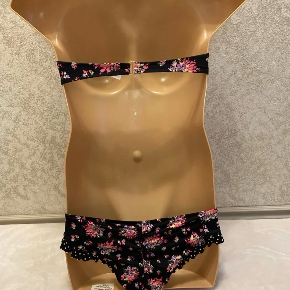 Victoria's Secret Black and Pink Floral Polka Dot Ruffle Bikini